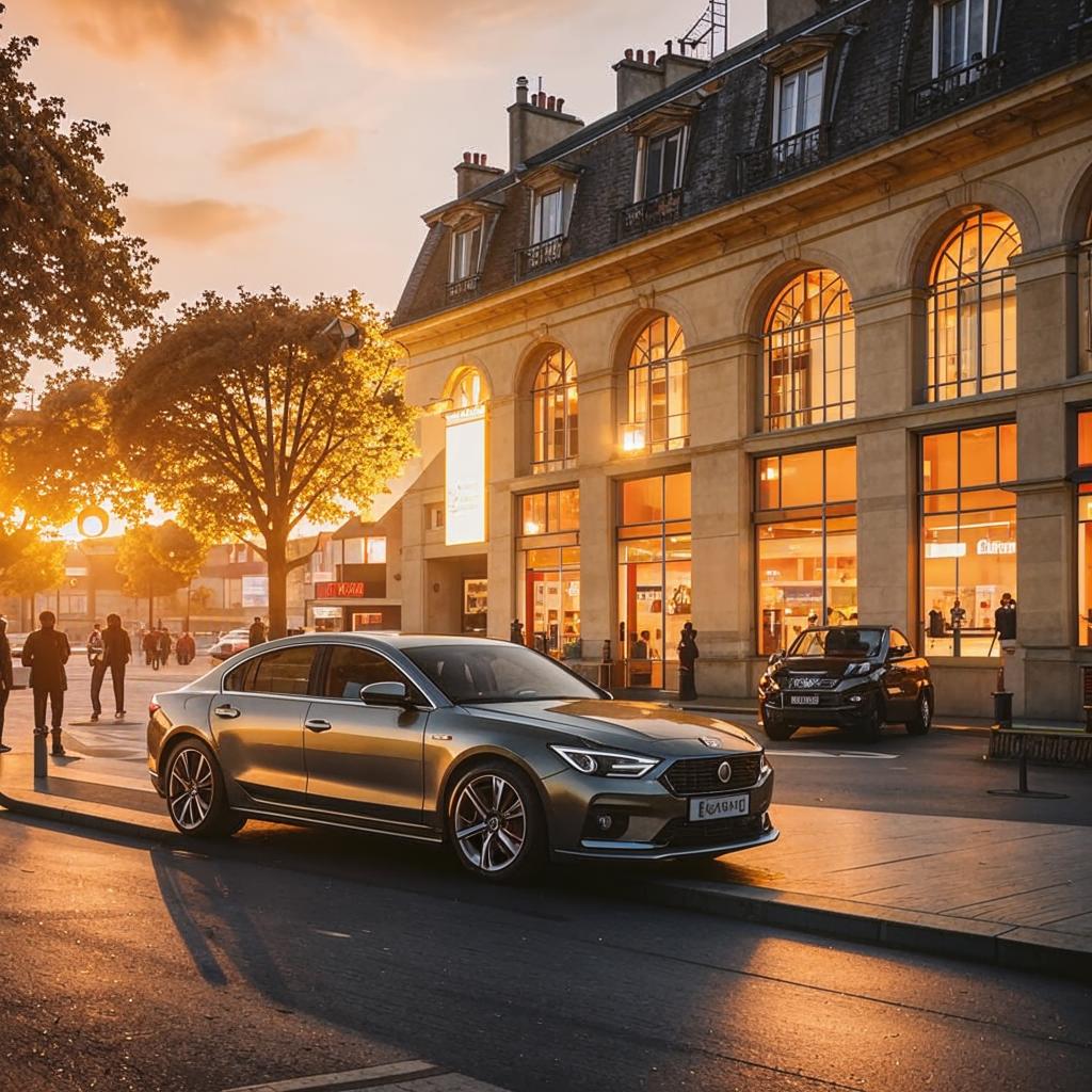service de vente automobile moderne en France avec véhicules élégants et cadre urbain